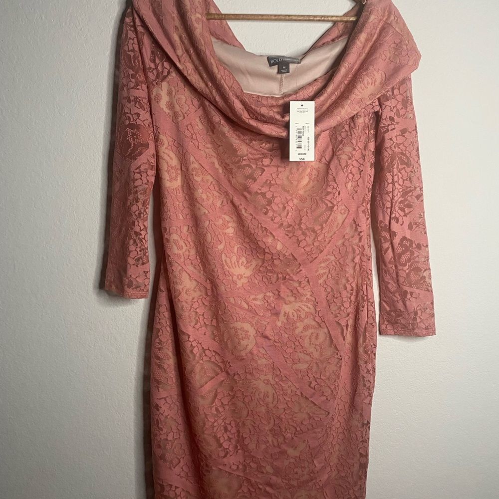 Bold Elements NWT Women Off the shoulder Rose Lace overlay knee length dress M